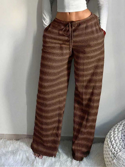 Striped Knit Wide Leg Pants Women Drawstring Casual