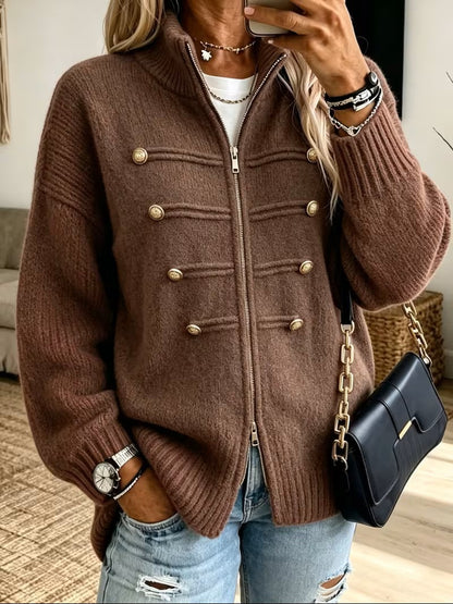 Womens Oversized Zip Up Cardigan Button Detail Mock Neck
