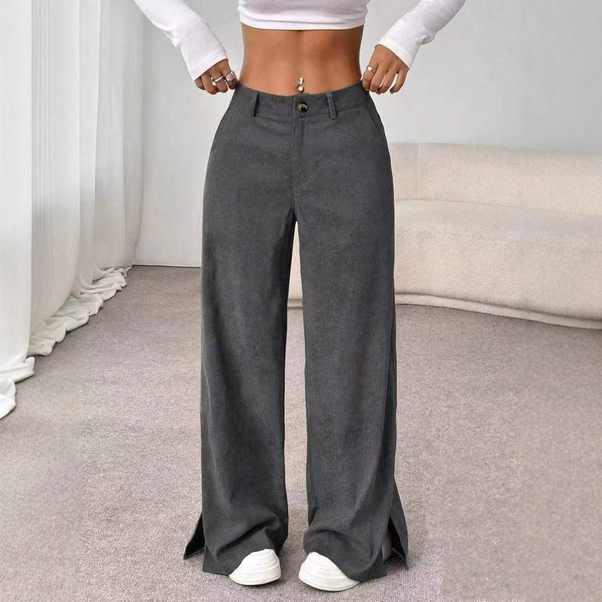 Women's Corduroy Wide Leg Pants Split Hem Casual Trousers