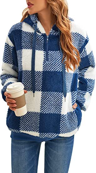Women's Plaid Sherpa Hoodie Oversized Fleece Pullover