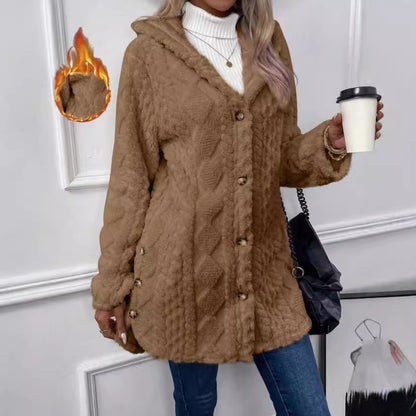 Women's Fuzzy Hooded Button Cardigan Winter Warm Coat