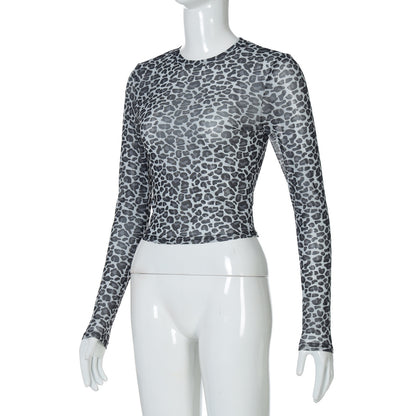 Leopard Print Sheer Mesh Long Sleeve Crop Top