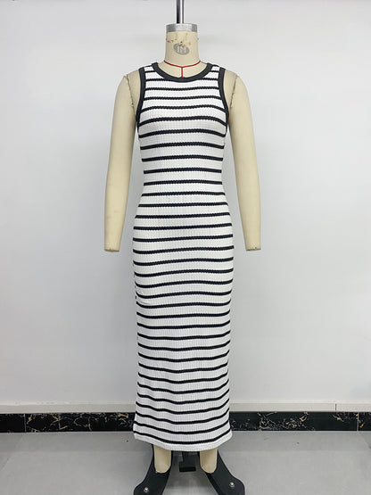Striped Sleeveless Bodycon Midi Dress Side Slit Casual Summer