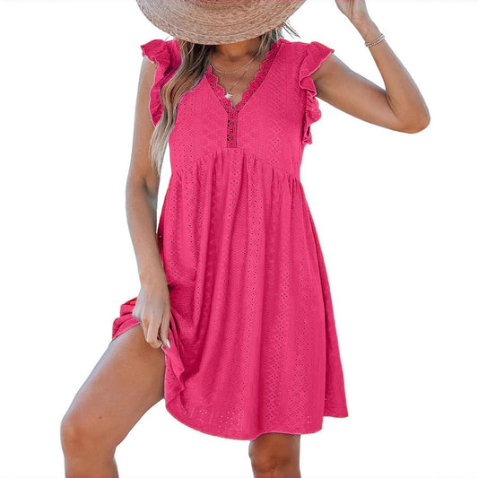 Lace Trim V Neck Eyelet Babydoll Dress for Women