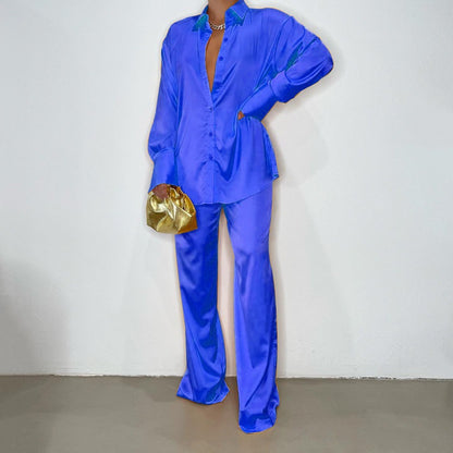 Women Satin 2 Piece Pants Set Button Up Shirt Casual Lounge