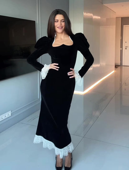 Black Velvet Lace Trim Bodycon Long Sleeve Midi Dress