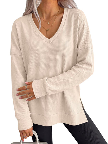 Waffle Knit Top V Neck Side Slit Relaxed Fit