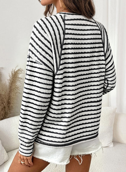Textured Striped Long Sleeve Pullover Casual Knit Top