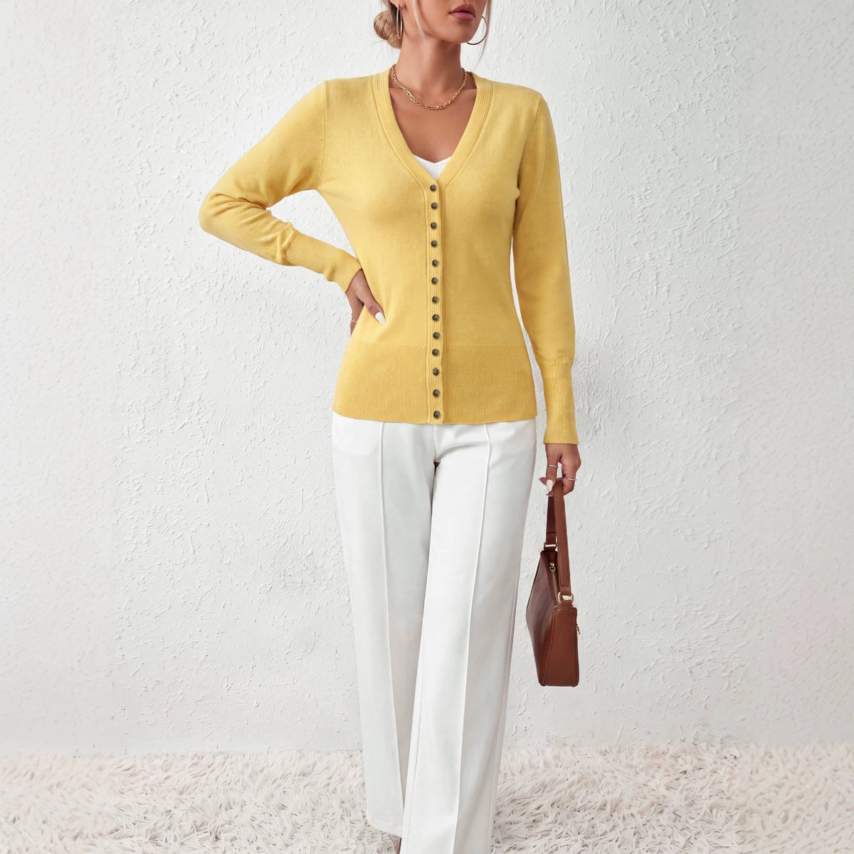 Yellow V-Neck Button Front Long Sleeve Knit Cardigan