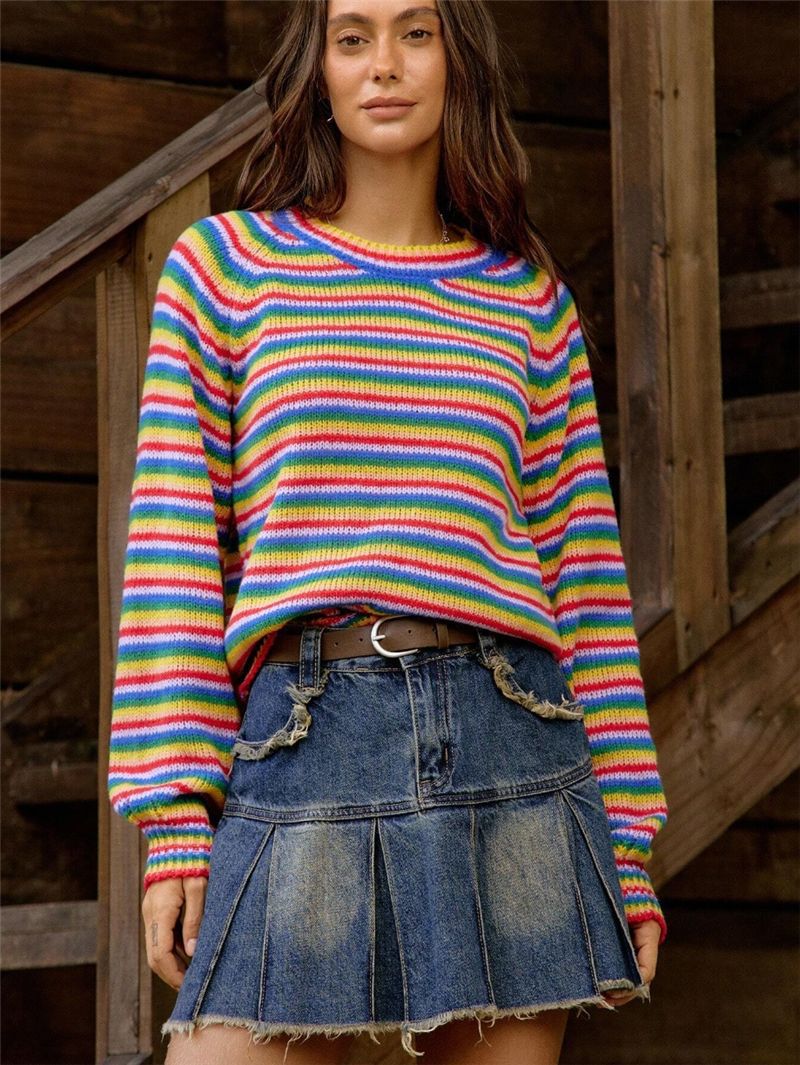 Women's Rainbow Striped Oversized Crewneck Sweater