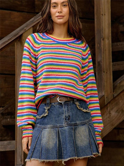 Women's Rainbow Striped Oversized Crewneck Sweater
