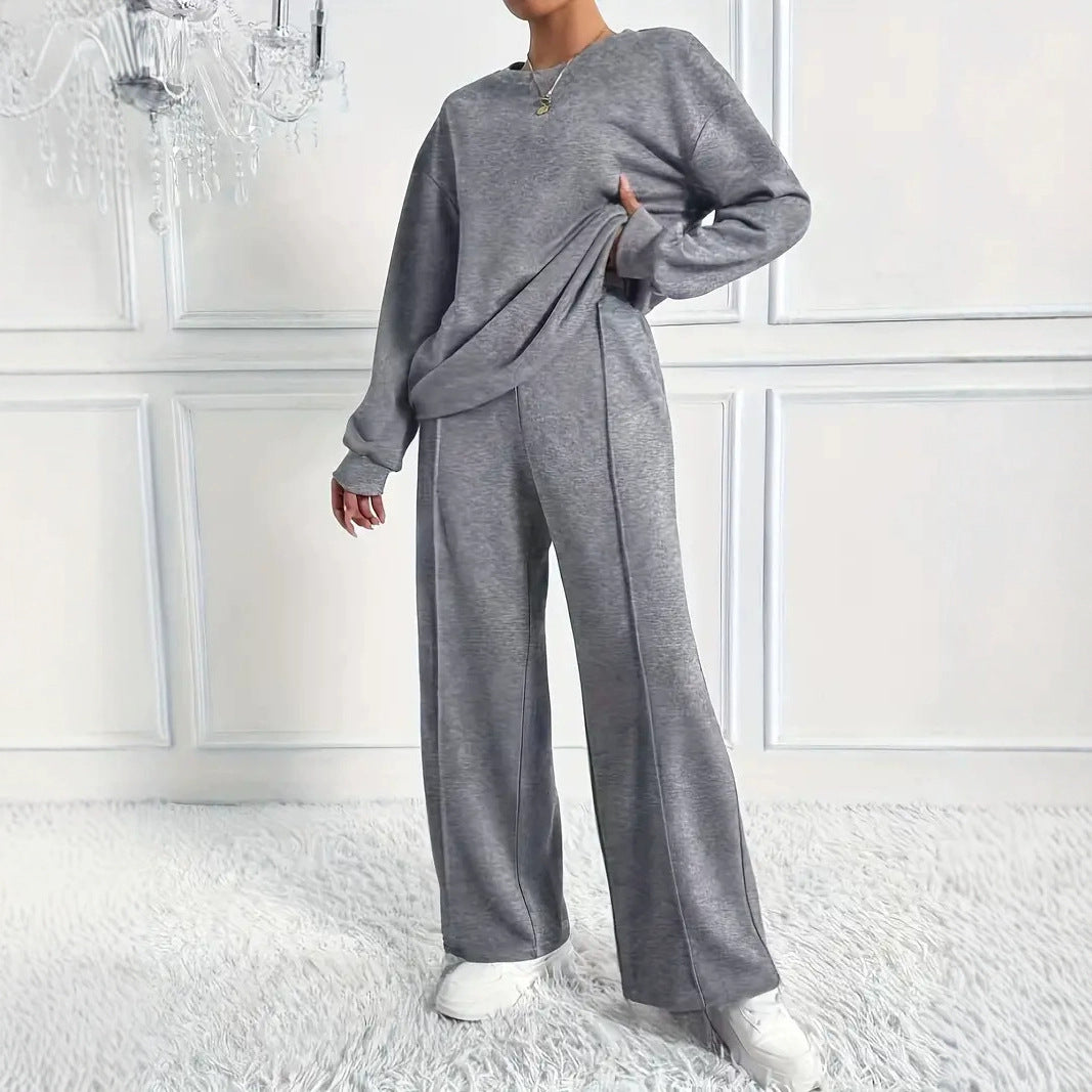 Women's Solid Crewneck Sweatshirt Wide Leg Pants Lounge Set