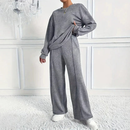 Women's Solid Crewneck Sweatshirt Wide Leg Pants Lounge Set