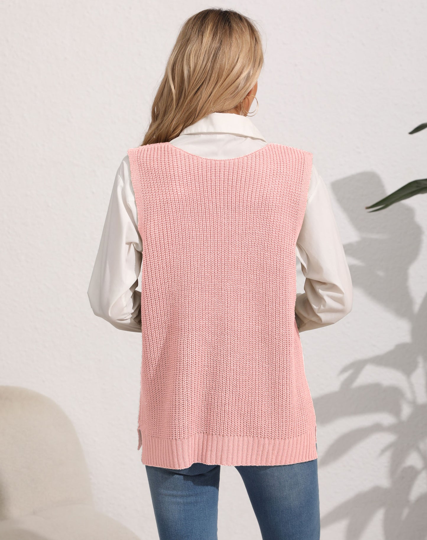 Women's Vest Double Pocket Splicing V-Neck Casual Pearl Vest Sweater