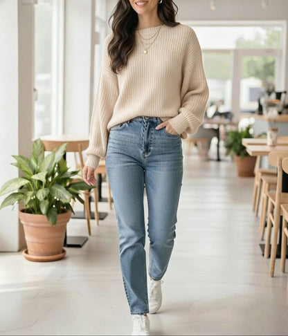 Women's Oversized Ribbed Crew Neck Pullover Sweater
