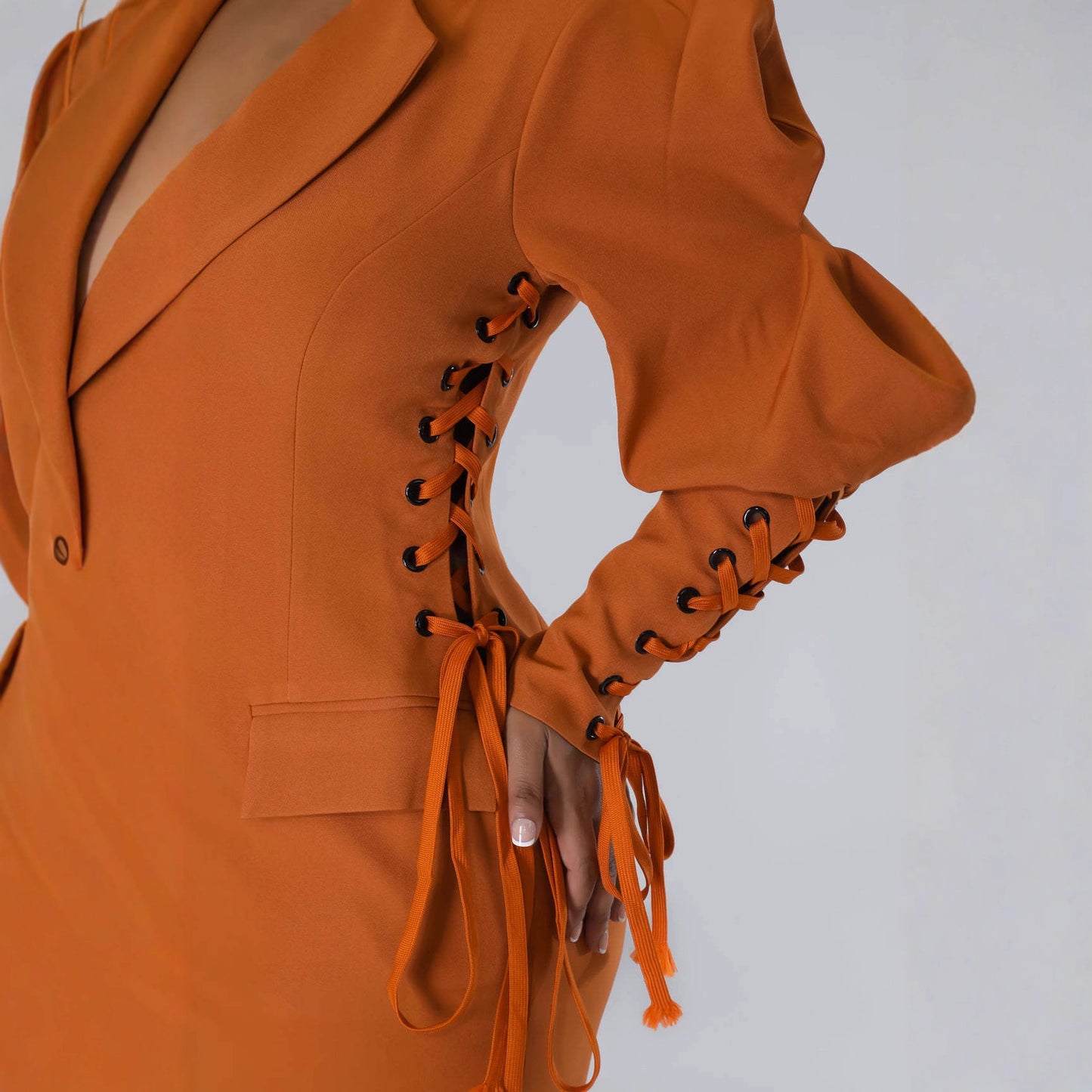 Women's Lace Up Puff Sleeve Blazer Dress Cinched Waist