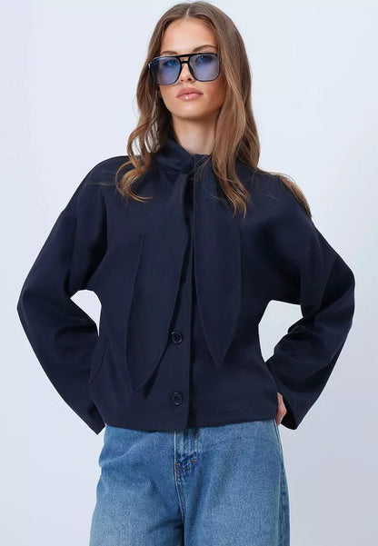Women's Tie Neck Button Front Long Sleeve Top