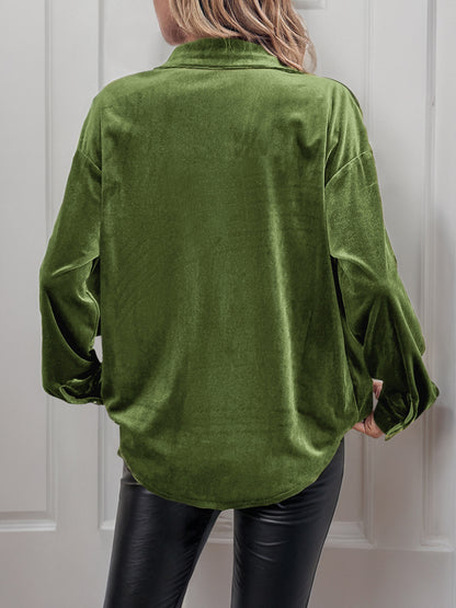 Solid Velvet Button-Up Lantern Sleeve Collared Blouse