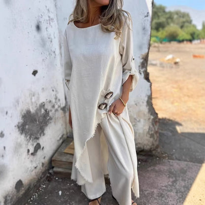 Womens Boho Asymmetrical Linen Blend Tunic Pants Set