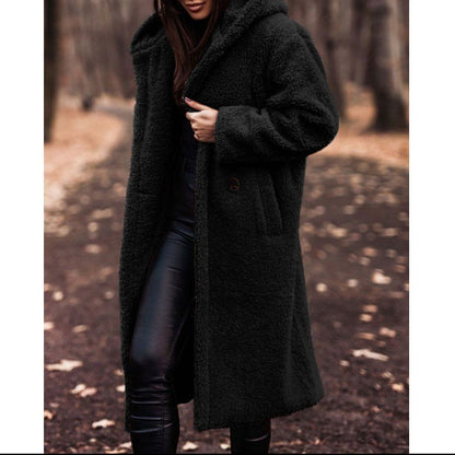 Hooded Sherpa Fleece Long Coat with Pockets