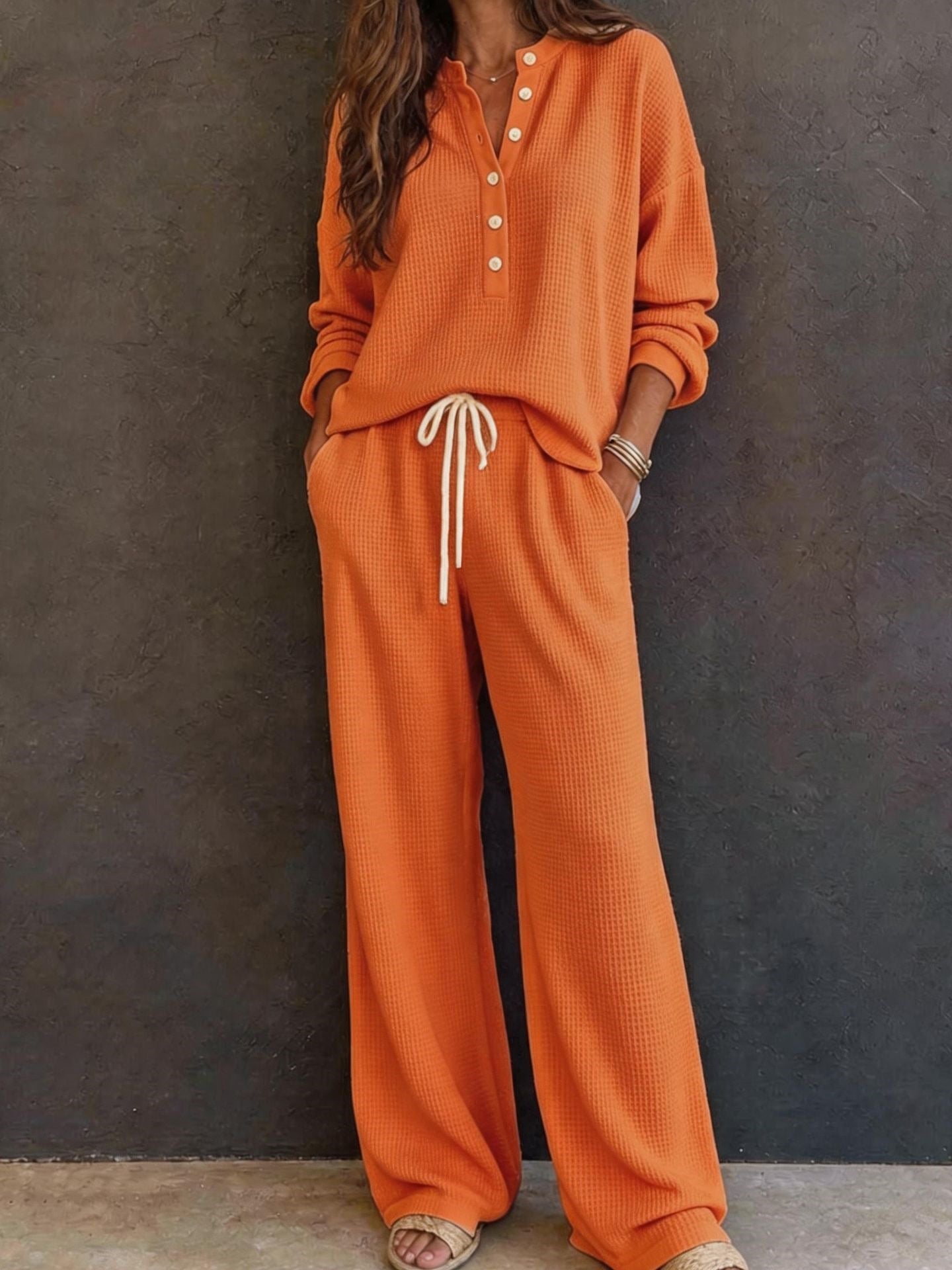 Waffle Knit Two Piece Lounge Set Wide Leg Pants