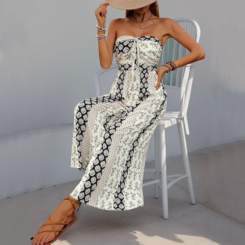 Boho Strapless Printed Wide Leg Jumpsuit Resort Romper