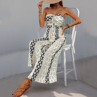 Boho Strapless Printed Wide Leg Jumpsuit Resort Romper