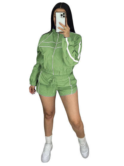 Women's Zip Jacket Shorts Two Piece Set Contrast Piping