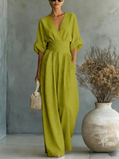 Elegant V-Neck Ruched Wide Leg Jumpsuit