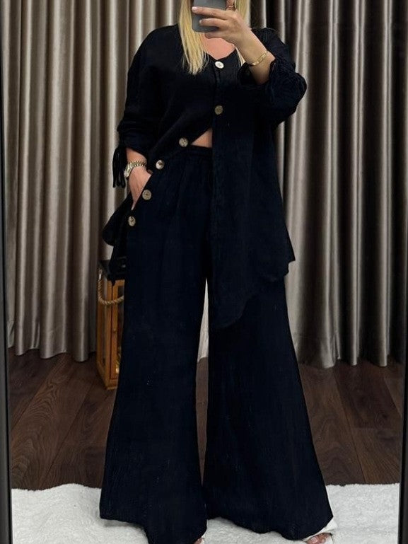 Women's Linen Two Piece Cardigan Wide Leg Pants Set