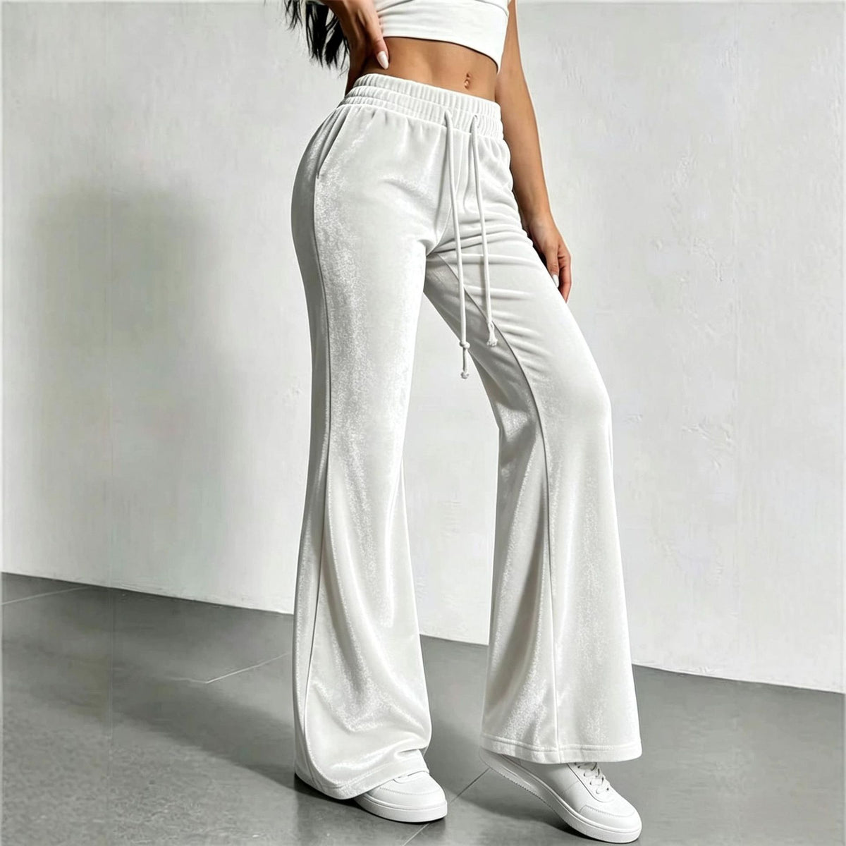 Women's Velvet High Waist Flare Pants Drawstring Casual