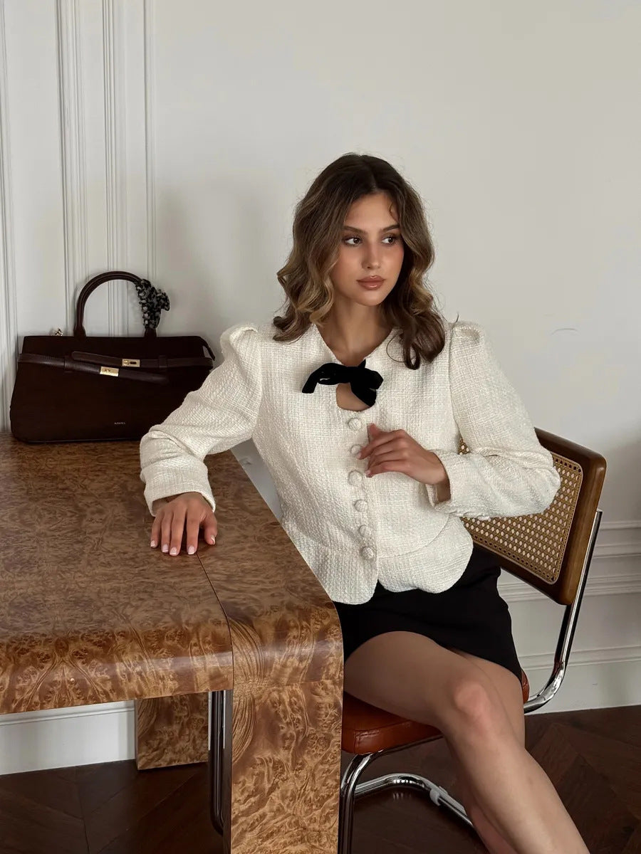 Women's Tweed Bow Cardigan Jacket French Chic