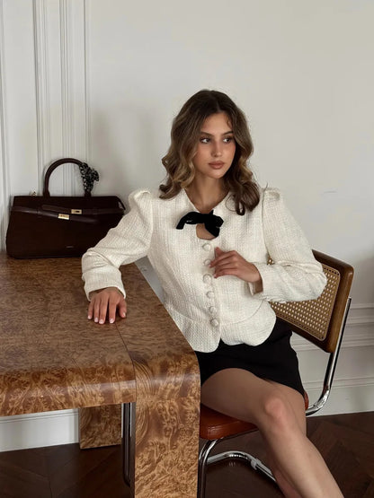 Women's Tweed Bow Cardigan Jacket French Chic