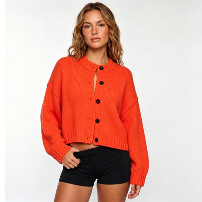 Women's Cropped Cardigan Button Front Orange Knit Sweater