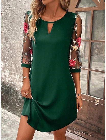 Women's Embroidered Mesh Sleeve A-Line Summer Dress