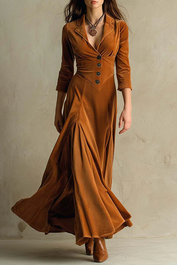 Collared Button Maxi Dress 3/4 Sleeve High Waist Flared