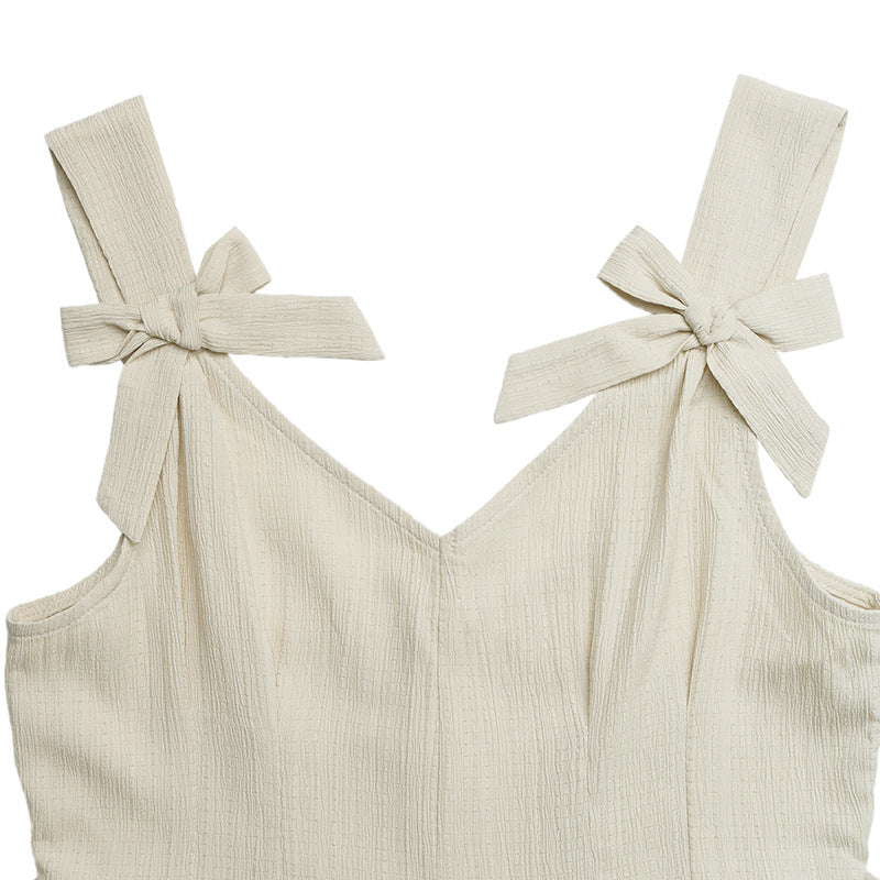 French Bow Strap High Waist Wide Leg Sleeveless Romper Women