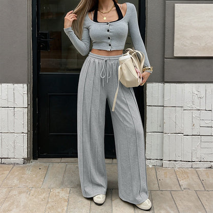 Drawstring Wide Leg Sweatpants with Pintuck Detail