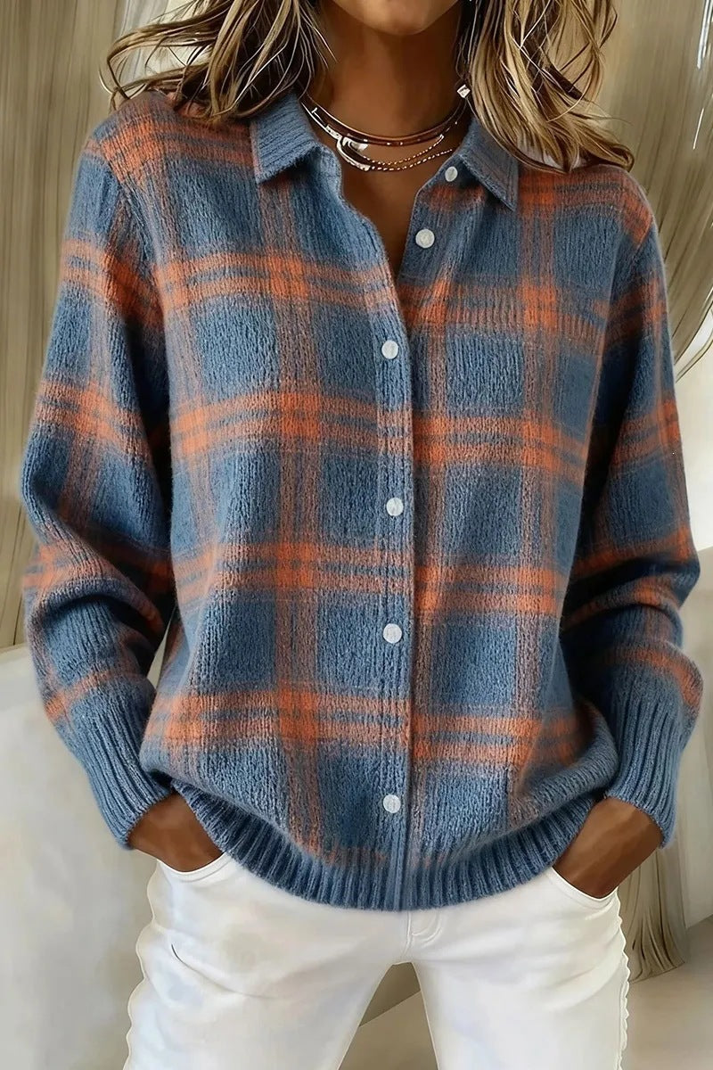 Plaid Collared Button Front Knit Cardigan