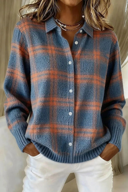 Plaid Collared Button Front Knit Cardigan