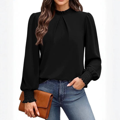 Women's Ruffle Neck Puff Sleeve Smocked Cuff Blouse