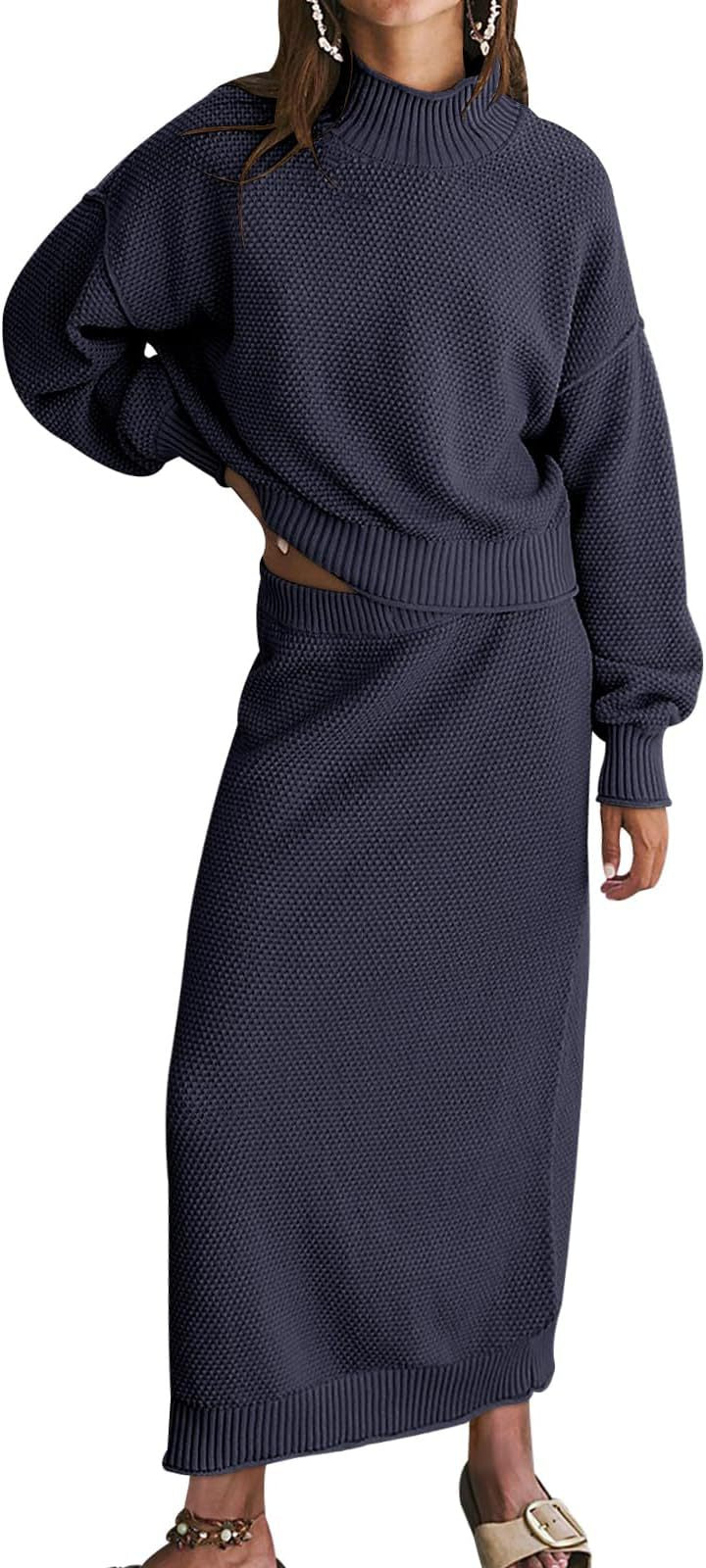 Women's Knit Two Piece Set Mock Neck Sweater Midi Skirt