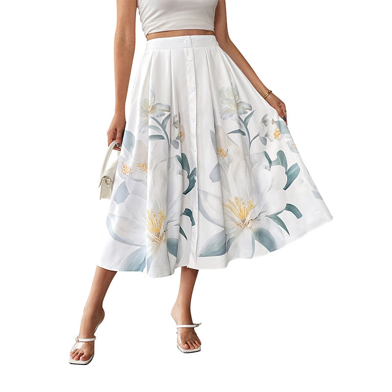 Floral Midi Skirt Button Front A Line Resort Vacation