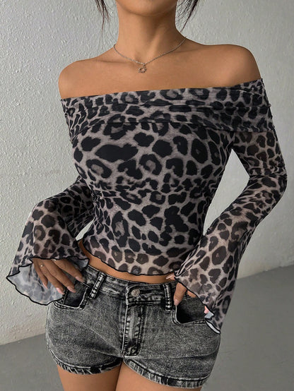 Sexy Off Shoulder Leopard Mesh Bell Sleeve Crop Top