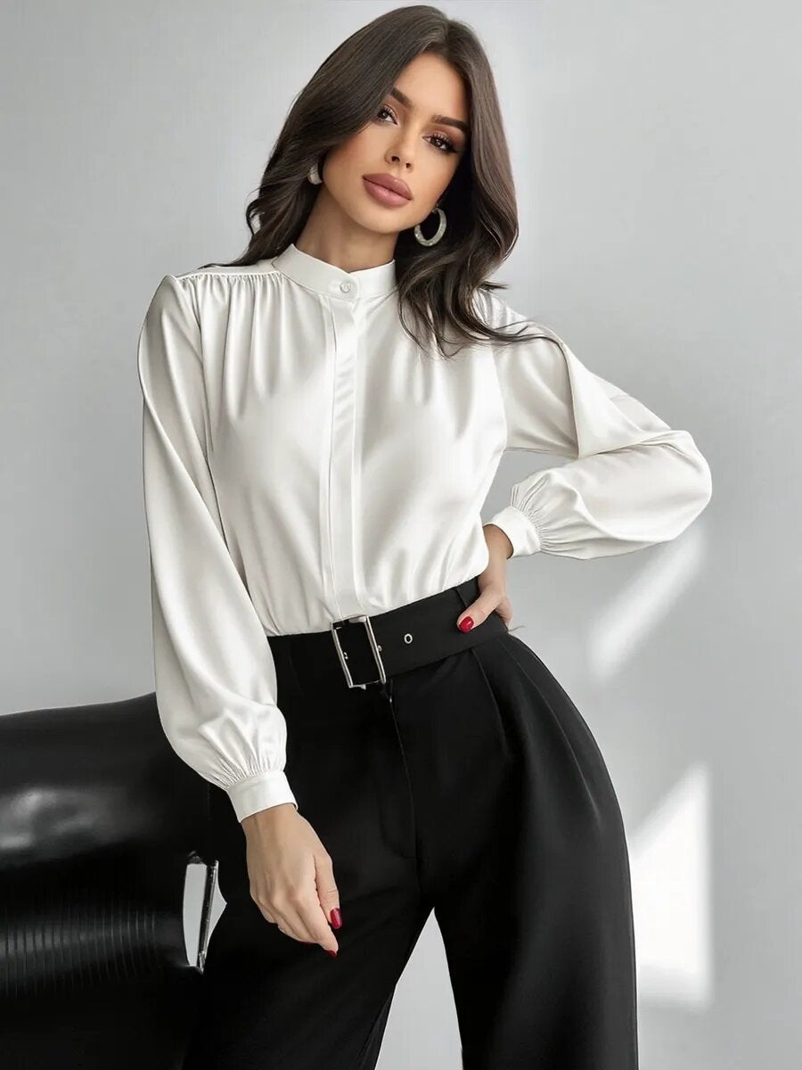 Women's Satin Puff Sleeve Blouse Mandarin Collar Top