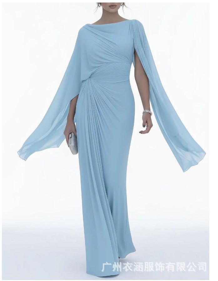 Women's Boat Neck Ruched Batwing Sleeve Maxi Dress
