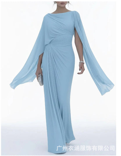 Women's Boat Neck Ruched Batwing Sleeve Maxi Dress