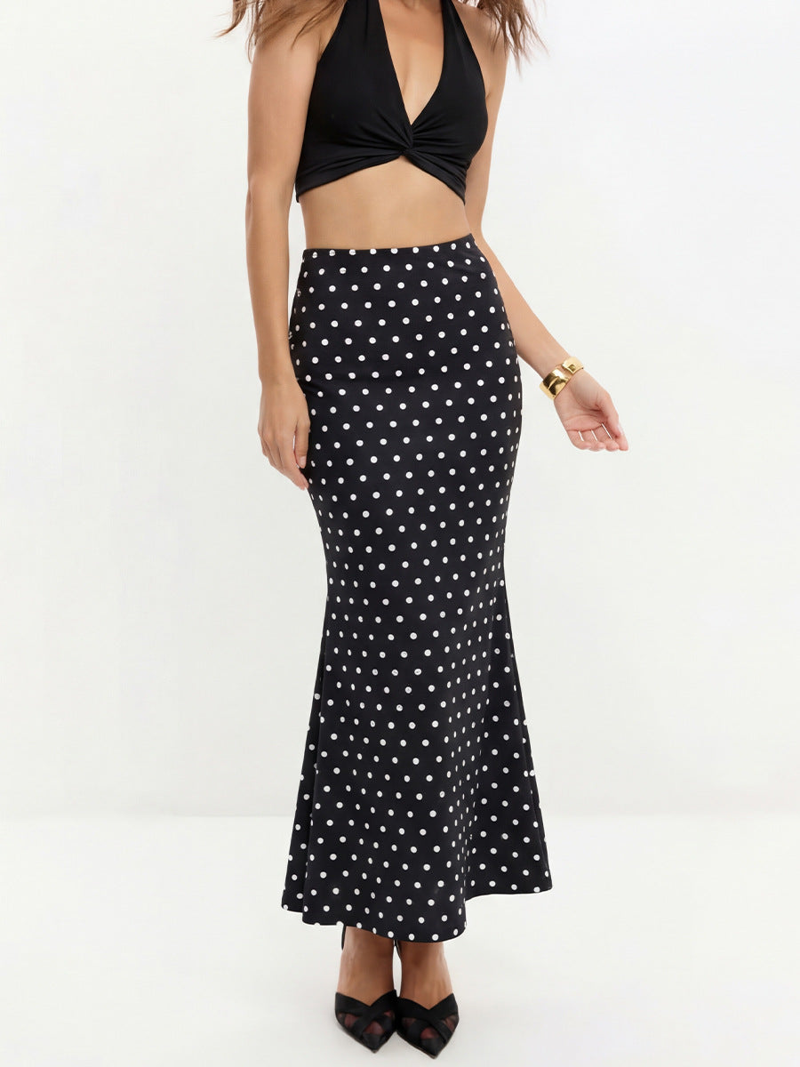 Polka Dot High Waist Flounce Hem Midi Skirt
