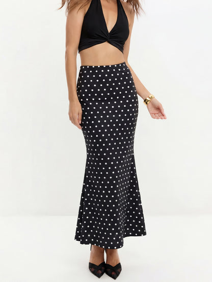 Polka Dot High Waist Flounce Hem Midi Skirt