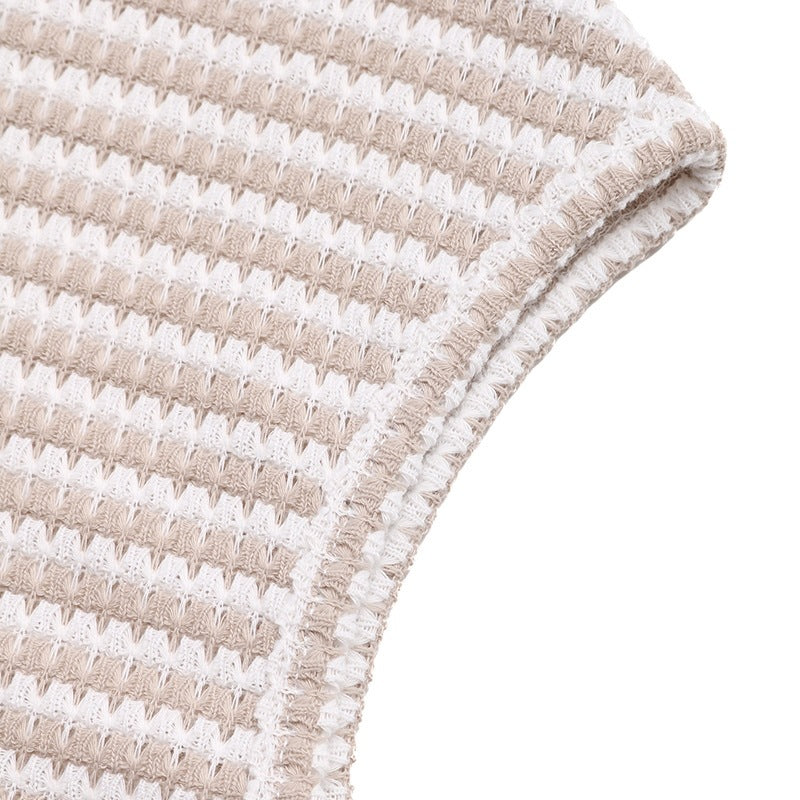 Striped Knit Top V Neck Button Front Casual Sweater Tee
